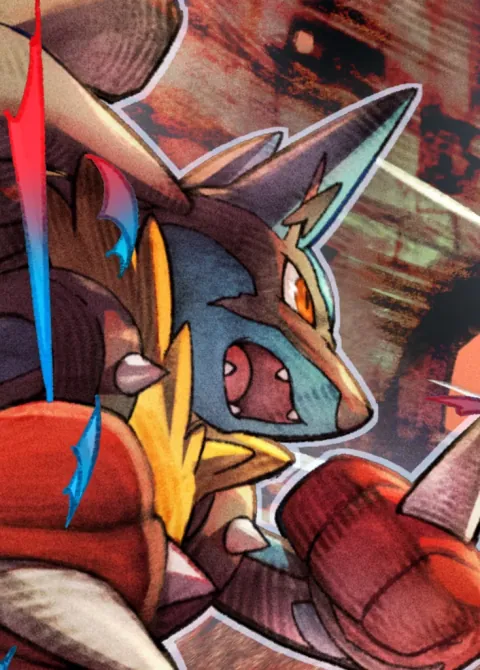 Mega Lucario ex card art from Pulsing Aura (#204), Immersive Rare